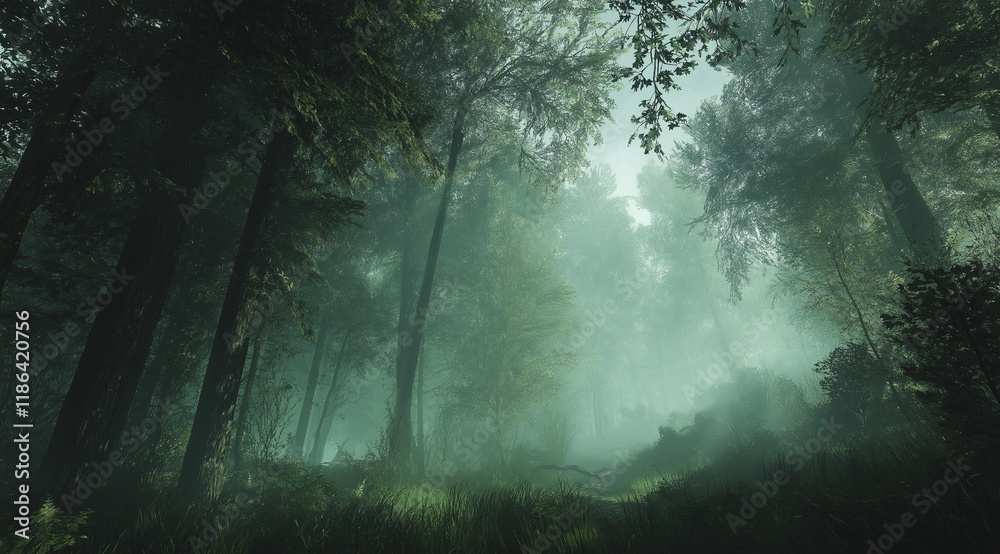 Obraz premium Enchanting view of a dense forest with towering trees and vibrant green foliage, veiled in soft mist, evoking a serene and ethereal natural ambiance perfect for a tranquil escape