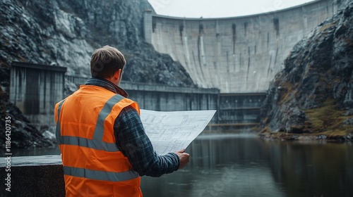 Engineer reviewing blueprints at a hydroelectric dam.