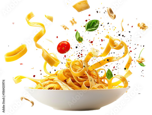 Fresh Pasta with Ingredients Flying in Air, Perfect for Cooking and Culinary Creative Projects