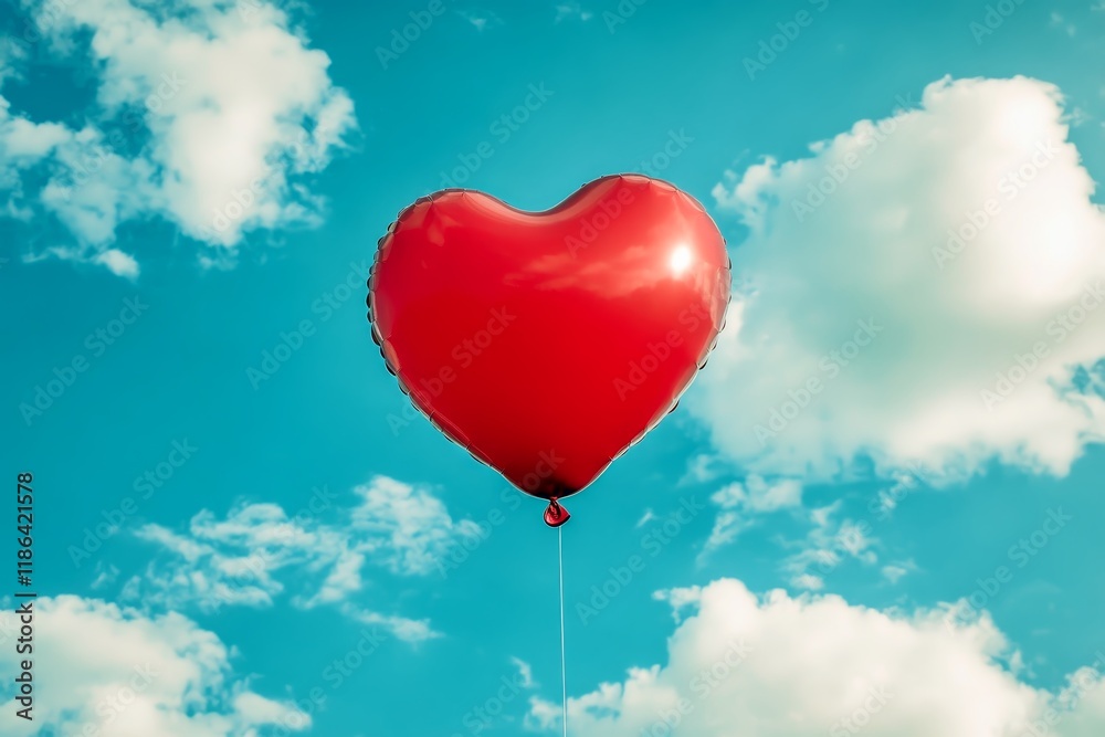 A balloon shaped like a human heart floating in the sky.