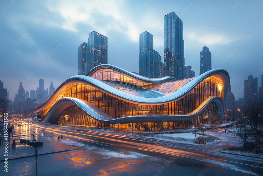 Fototapeta premium futuristic urban architecture with glass skyscrapers reflecting dramatic sky, creating dynamic patterns of light and movement in modern city