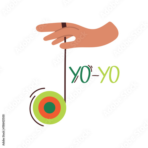 Yo-Yo in human hand doing different tricks. Vector illustration of popular toy from 90s