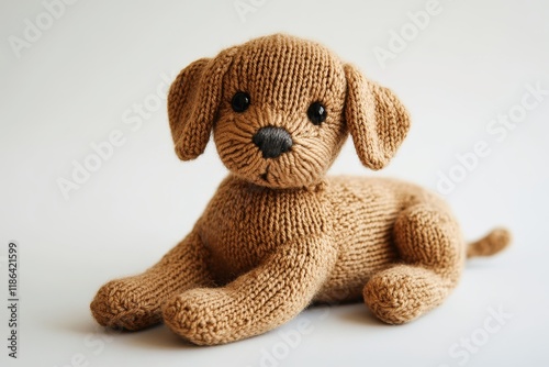 A cute knitted dog on a white background.