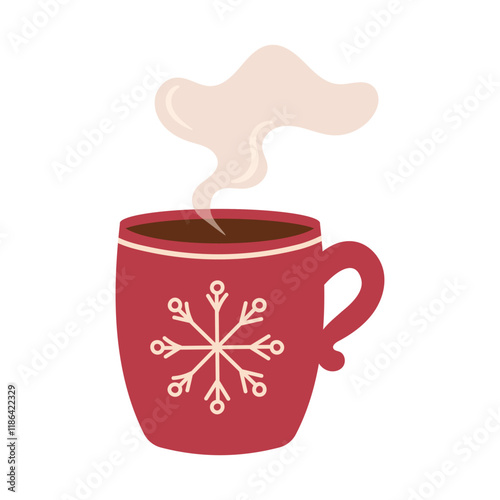 Steaming hot drink in a red cup with white snowflake. Hot winter drink on white background