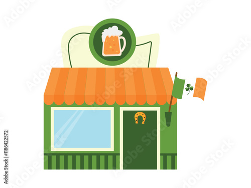 Beer shop, brewery, Irish pub building. Vector of building with beer mug, Irish flag, clover.