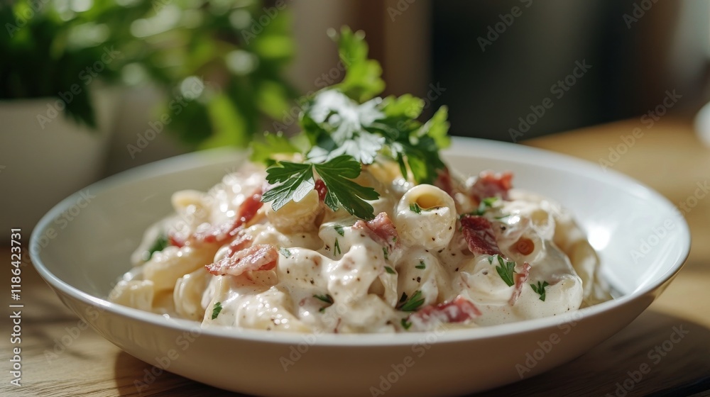 Creamy Pasta Dish Topped with Bacon and Parsley on Wooden Table. Creamy Pasta Dish Topped with Bacon and Parsley on Wooden Table.