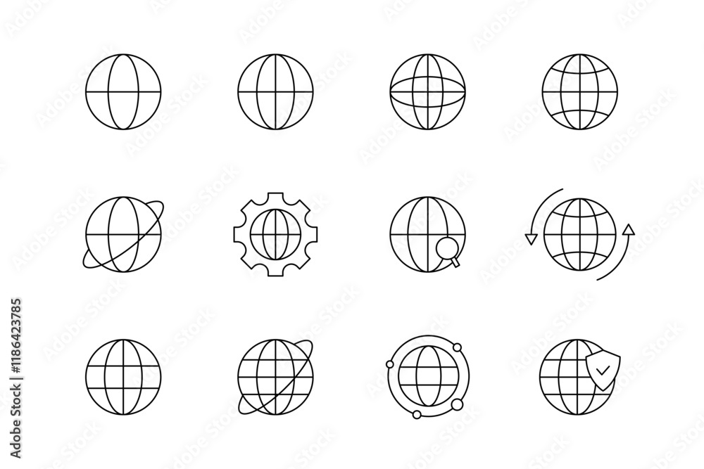 Outline globe icon set. Web globe sphere vector. Line Earth map