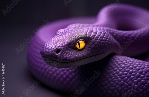 Close-up view of vivid purple snake with bright yellow eyes. Reptile seems alert, focused. Skin texture detailed, shows scales. Snake positioned in way suggesting readiness. Image suitable for photo