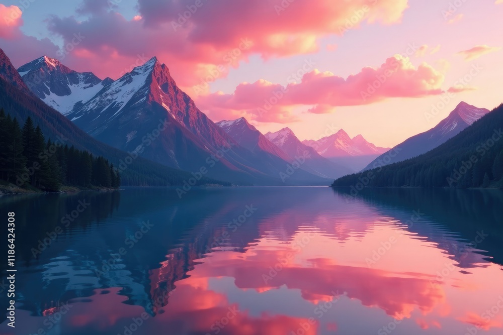 Pink and orange hues behind calm mountain lake, gentle twilight, soft colors Pink and orange hues behind calm mountain lake, gentle twilight, soft colors