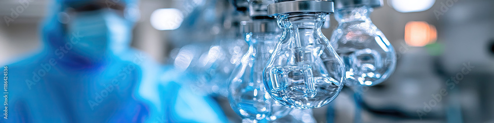 Obraz premium Industrial Glass Vessels and Technician in Cleanroom