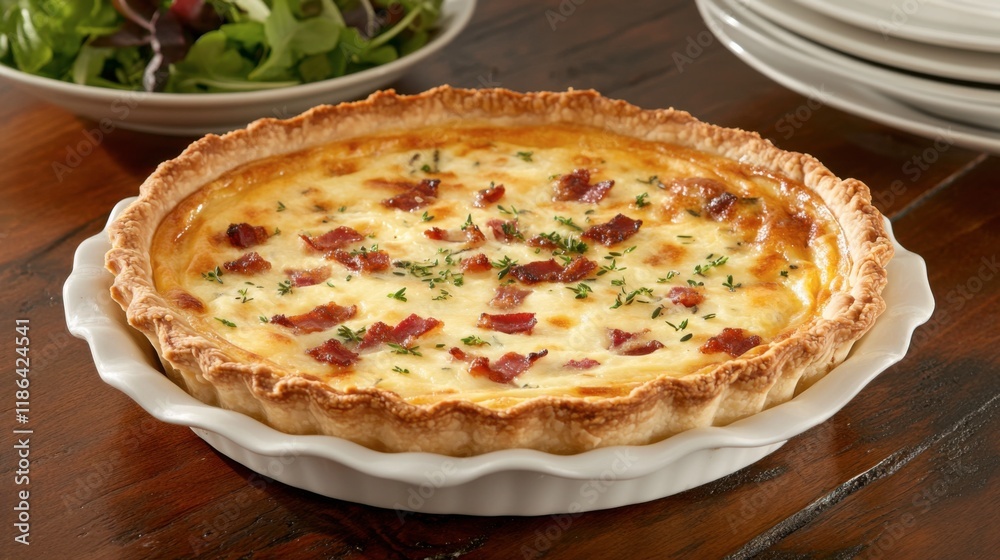 Bacon and Gruyere Quiche: A delectable golden-brown quiche brimming with savory bacon and creamy Gruyere cheese, garnished with fresh thyme. Served on a rustic wooden table. Bacon and Gruyere Quiche: A delectable golden-brown quiche brimming with savory bacon and creamy Gruyere cheese, garnished with fresh thyme. Served on a rustic wooden table.