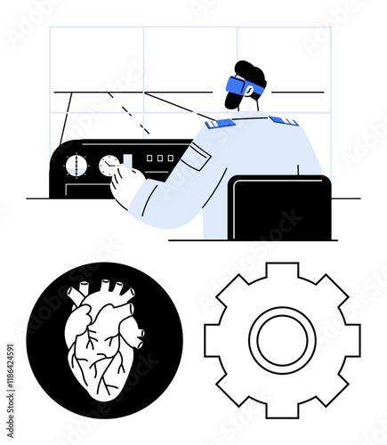 Pilot operating dashboard in control room, sketch of a heart in a circle, and a gear symbol. Ideal for innovation, aviation, technology, health, engineering science and teamwork. Abstract line flat