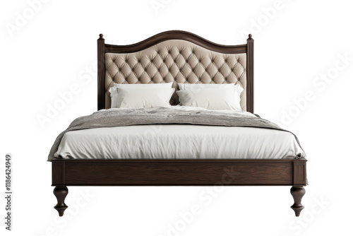  A bed with an elegant headboard and footboard, made of dark wood and featuring a beige velvet tufted design. isolated on transparent png or white background