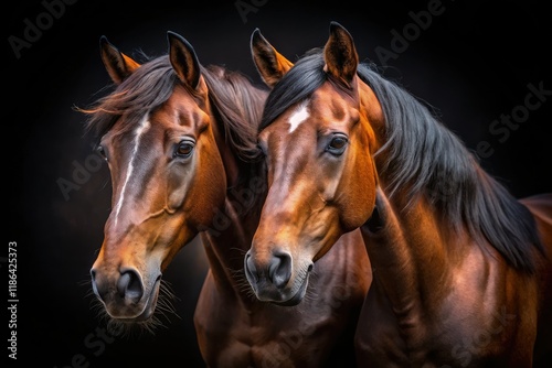 Dark horse, intense gaze, low-light equestrian portrait. AI-generated nighttime equine art.