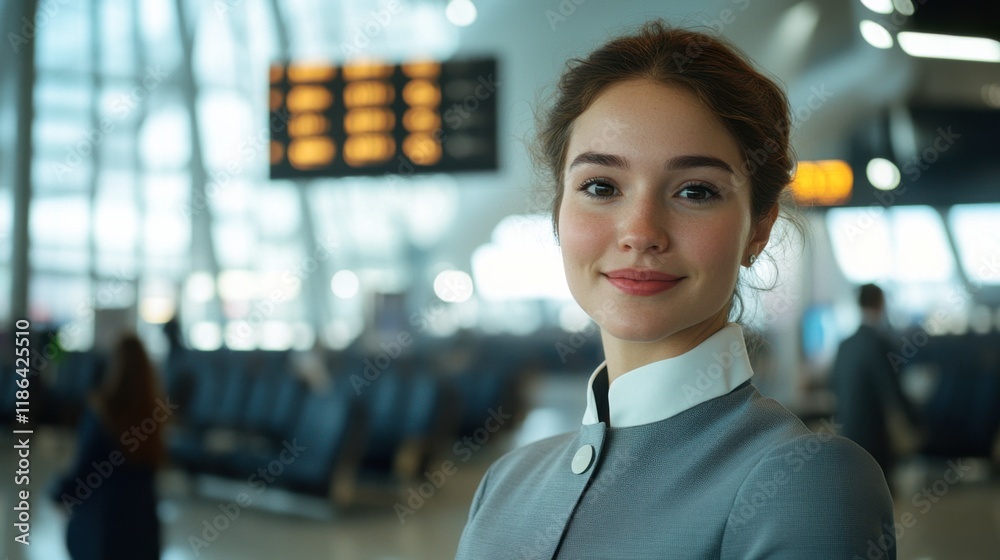 Obraz premium Awaiting Departure: A young woman in a stylish grey blazer, standing amidst a bustling airport terminal, awaits her journey, her bright smile radiating excitement and anticipation.