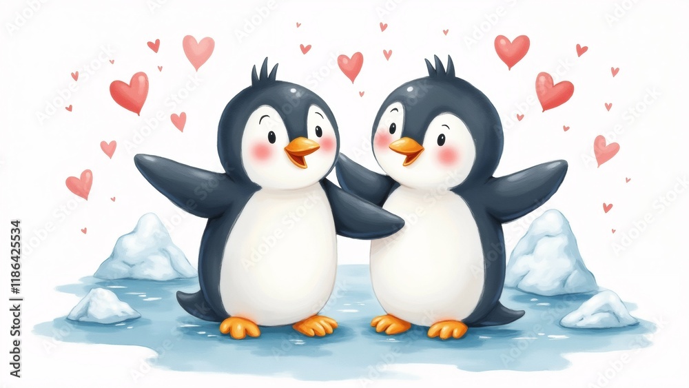 Obraz premium The image shows two penguins standing on an iceberg with their arms around each other. The penguins are black and white with orange feet and beaks.