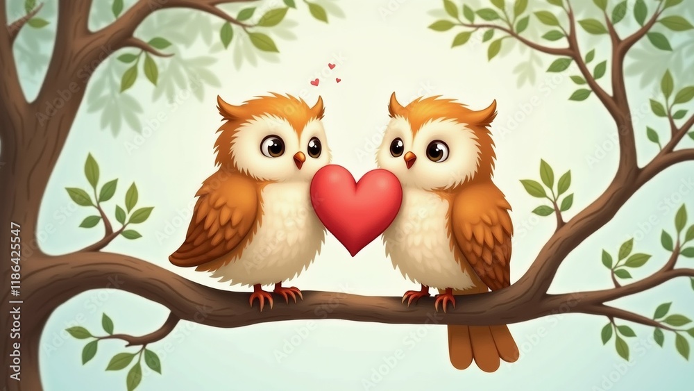 Obraz premium The image shows two owls sitting on a tree branch with a red heart in between them. The owls are facing each other and appear to be in a loving embrace.