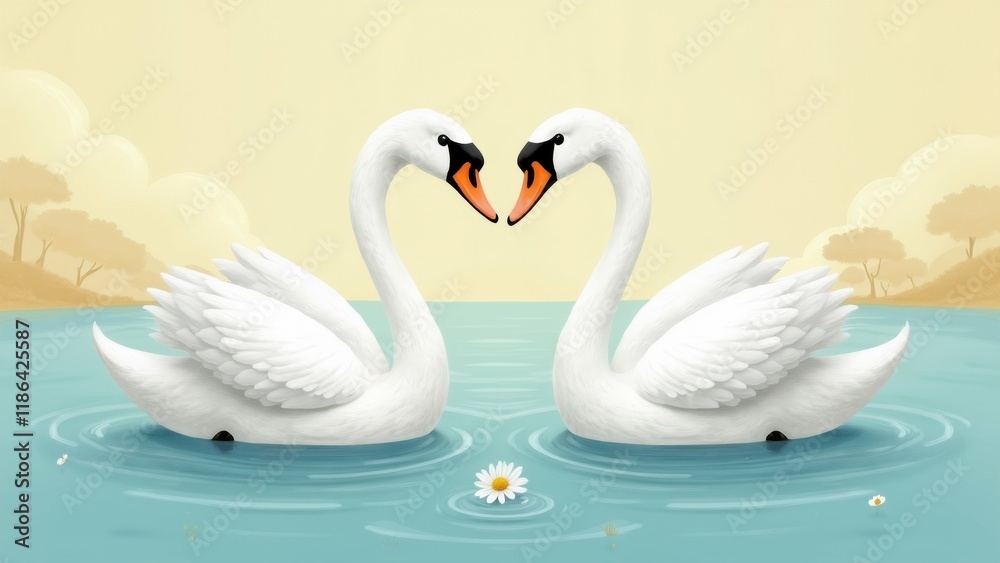 Obraz premium The image shows two white swans making a heart shape with their necks. They are swimming in a body of water with a small white flower floating on the surface.