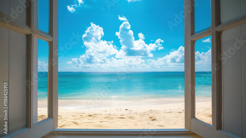 Wallpaper Mural Beach window view Blue Sky ocean view seaside tropical nature landscape scene scenery wallpaper Torontodigital.ca