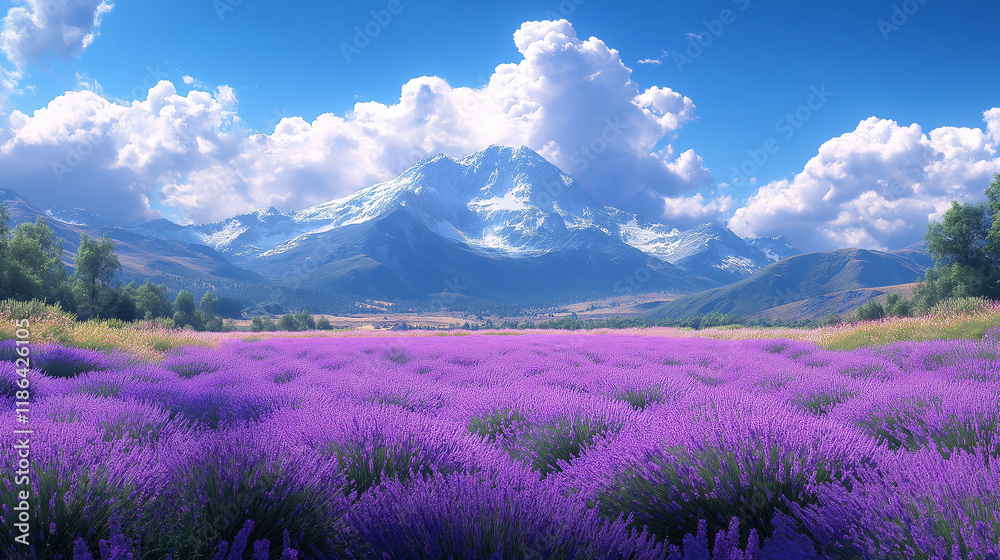 Lavender field with trees and mountains in the background. Sunrise. Lavender field with trees and mountains in the background. Sunrise.