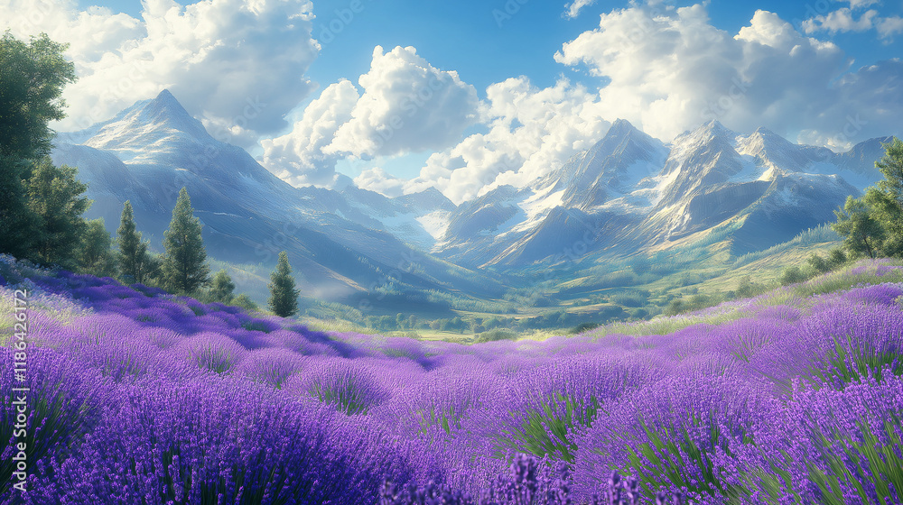 Obraz premium Lavender field with trees and mountains in the background. Sunrise.