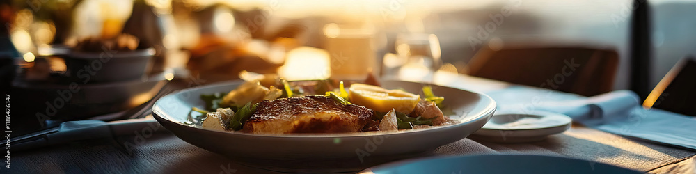 Pan-Seared Fish or Meat with Lemon and Greens on a Plate Pan-Seared Fish or Meat with Lemon and Greens on a Plate