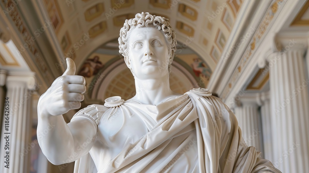 Obraz premium A classic marble statue of a Roman figure, showcasing an iconic ‘thumbs up’ gesture. The intricate details highlight its historical significance.