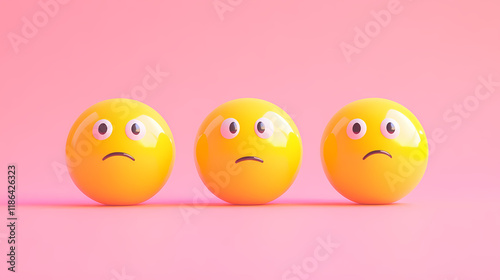 Emotional, mood, guilt concept: three yellow balls with shameful expressions, eyes lowered arranged in a tight, withdrawn pattern against an isolated soft pink background. Shimmerfall. Illustration