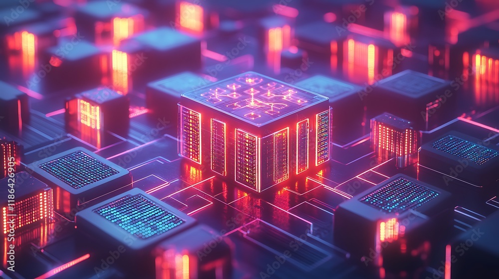 Fototapeta premium Neon Data Cube Network, Server Farm, Abstract.