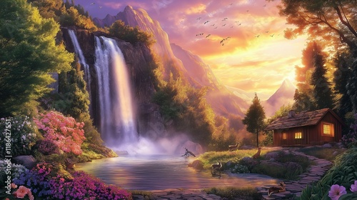 Majestic Sunset in a Village with Animals Under a Waterfall, Golden Sunset Illuminating the Village and Cascading Waterfall. Serene Village Sunset with Wildlife Under a Flowing Waterfall. Landscape
