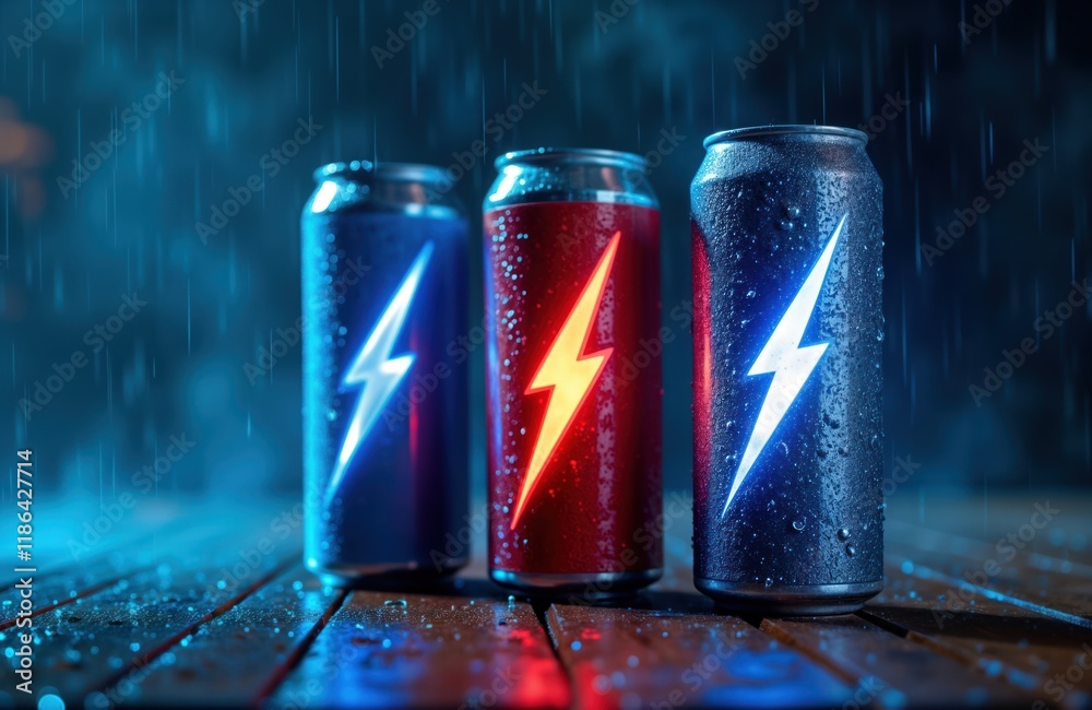 custom made wallpaper toronto digitalThree energy drink cans with lightning designs stand on wooden surface under stormy night. Rain falls heavily. Cans cool, wet. Colors vibrant, dramatic. Image great for beverage brands to present