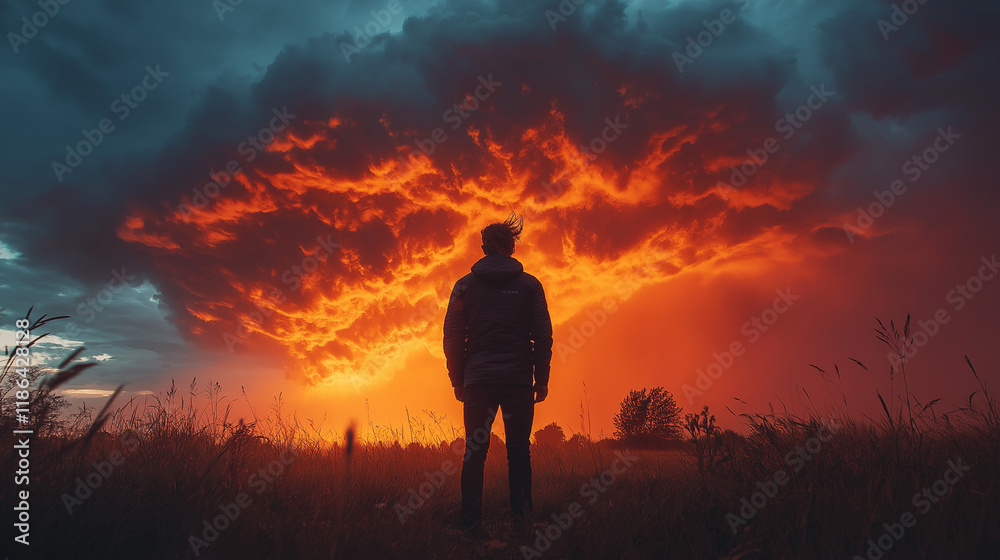 Fototapeta premium Silhouette of a man walking on a stormy day, for the concept: Emerging from a crisis.