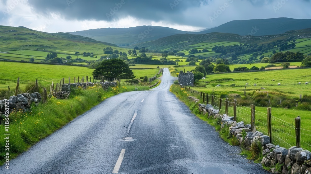 Fototapeta premium A serene country road winding through lush green fields under a cloudy sky.