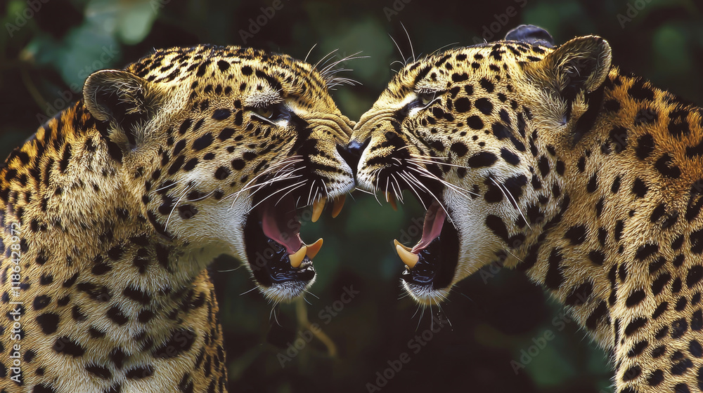 Naklejka premium Two jaguars face off, mouths open, showcasing their spotted coats and sharp teeth.