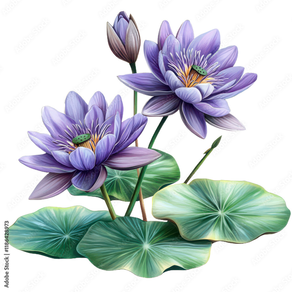 Obraz premium Pond lilies, a miniature branch with purple flowers, isolated on transparent png or white background