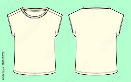 Ladies, Girls short sleeve ecru colour crew neck t-shirt flat sketch, outline, CAD, clothing mockup.