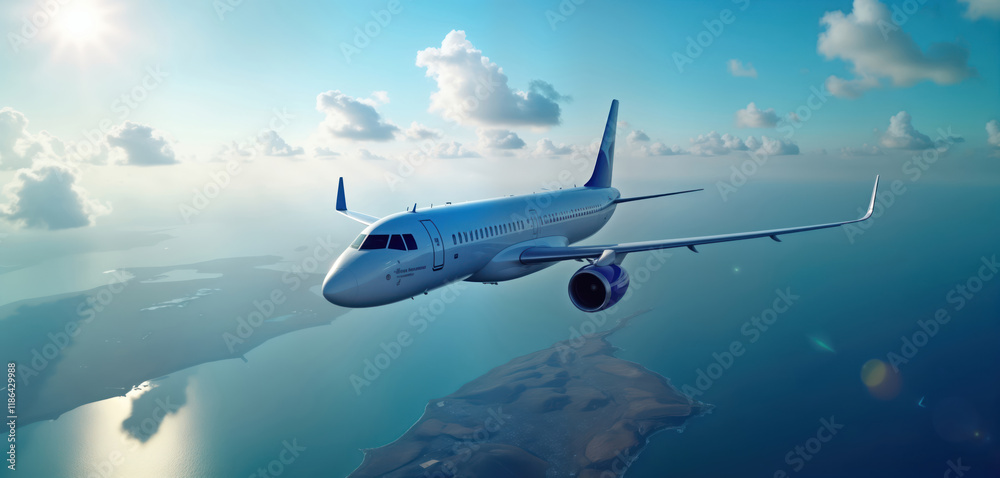Fototapeta premium Airplane taking off over water. Sunny day with clouds. High altitude view of runway. Scenic landscape below. Fast, smooth take off. Travel concept. Great image for tourism ads travel agency.