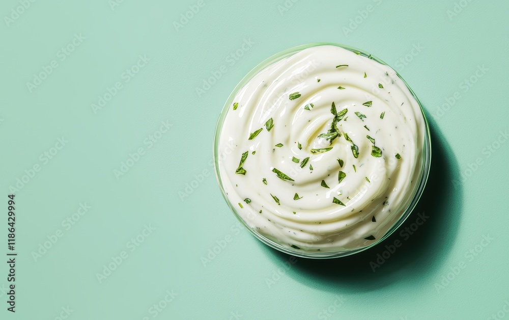 A swirl of creamy ranch dressing with herbs floating on a pastel green background A swirl of creamy ranch dressing with herbs floating on a pastel green background