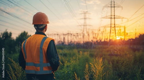 Electrician overlooking power lines at sunset.
