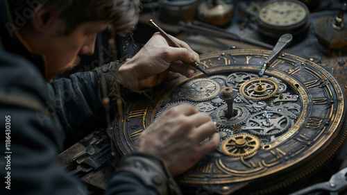 With precision tools, a person restores an antique clock, polishing gears and ensuring every detail is preserved to maintain the clock's historical value. photo