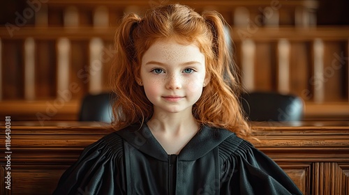 Redhead girl wearing judge robe sitting in courtroom: future lawyer