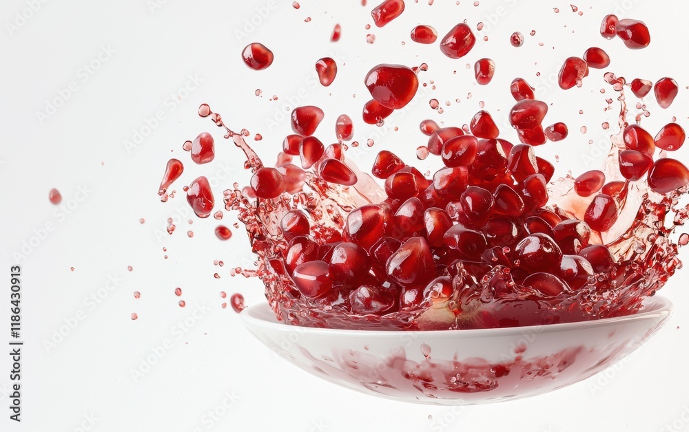 A tangy pomegranate seed cluster levitating with vibrant red pomegranate jelly drops splashing around on a clean white backdrop A tangy pomegranate seed cluster levitating with vibrant red pomegranate jelly drops splashing around on a clean white backdrop