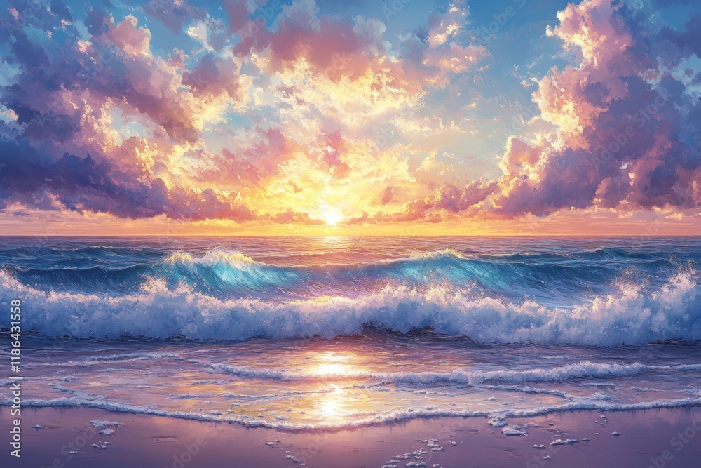 A beautiful sunset over the ocean with waves crashing on the sandy beach, a golden sky, and colorful clouds in a photorealistic style