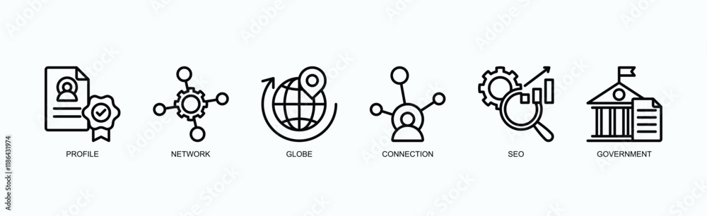 Building Networks, Connections, And Global Influence Icon Set Isolated Vector Illustration Concept With Icon Of Profile, Network, Globe, Connection, Seo, Government In Outline Style Building Networks, Connections, And Global Influence Icon Set Isolated Vector Illustration Concept With Icon Of Profile, Network, Globe, Connection, Seo, Government In Outline Style