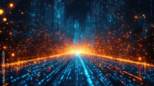 Futuristic digital city highway with glowing particles.