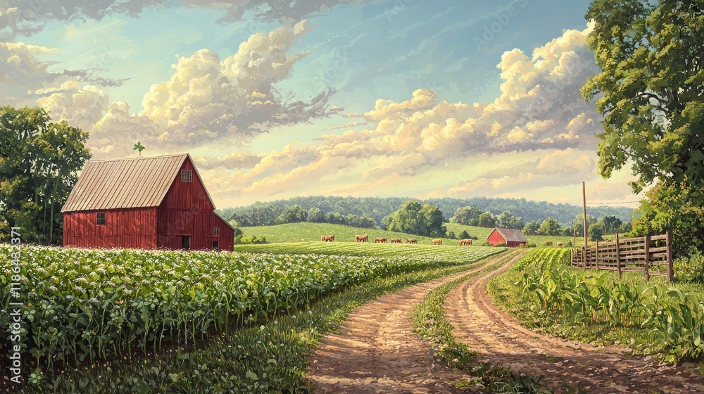 Obraz premium Scenic Farm Landscape with Red Barn and Lush Green Fields Under Blue Sky