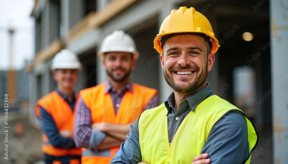 Construction workers stand confidently at building site. Teamwork, job satisfaction visible. Three men wear safety equipment. Focus on smiling worker with crossed arms. Workplace displays building Construction workers stand confidently at building site. Teamwork, job satisfaction visible. Three men wear safety equipment. Focus on smiling worker with crossed arms. Workplace displays building