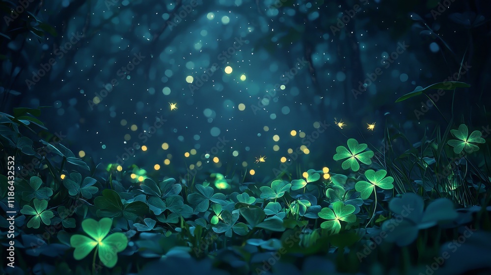 Fototapeta premium Enchanted Forest Scene with Glowing Clovers and Soft Light in a Mystical Setting