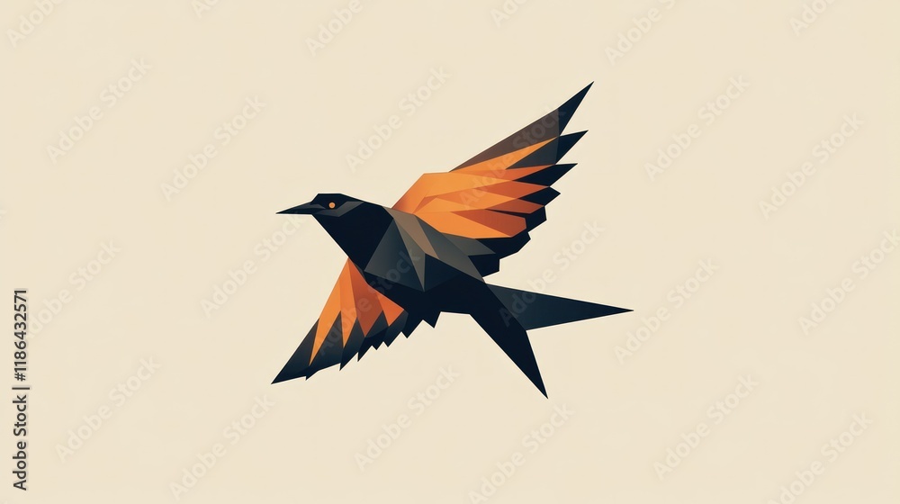 Fototapeta premium Geometric low-poly bird in flight, orange and black wings.