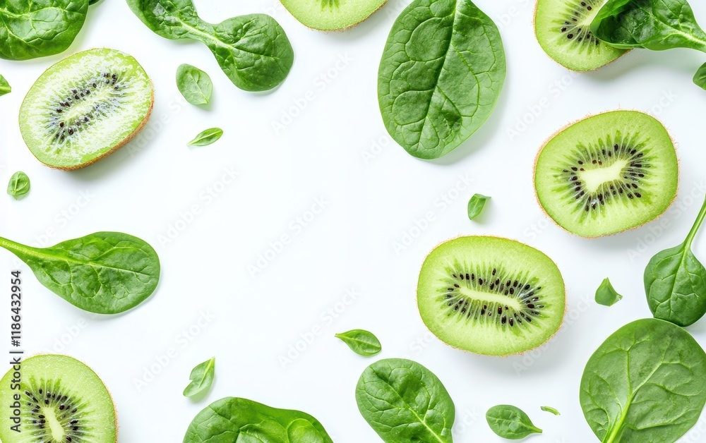 Fototapeta premium A refreshing green smoothie with spinach and kiwi slices on a bright white surface